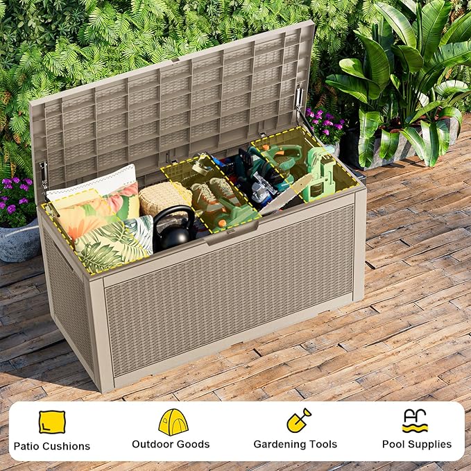 Outdoor Waterproof Resin Storage Deck Box Lockable Outside Bench UV Resistant Bin Patio Porch Furniture Pool Float Garden Tool Cushion (Grey, 120 Gallon)