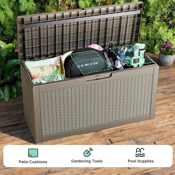 Vixzen 60 Gallon Outdoor Deck Box,Lockable Resin Waterproof Storage Box,UV Resistant,Weather Resistance,Outside Storage Bin for Gardening Tools,Pool Supplies（Gray，60 Gallon）