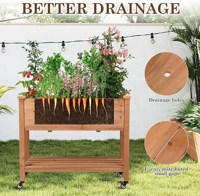 Raised Garden Bed with Lockable Wheels, 40x24x32 inch Elevated Wood Planter with Storage Shelf Protective Liner for Vegetable Flower Herb Outdoor Balcony Patio Backyard, Brown