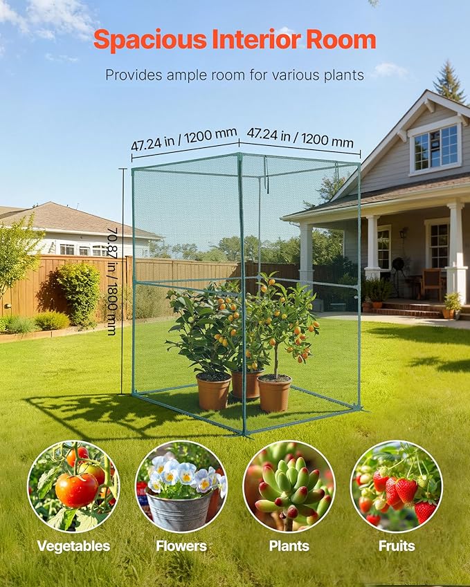 VEVOR Crop Cage, 3.9 x 3.9 x 5.9 ft Plant Protection Tent with Zippered Door, Wind-Resistant Tall Crop Cage, Easy to Install, Outdoor Raised Bed Cover, Tomato Plant Netting for Garden Patio Lawn