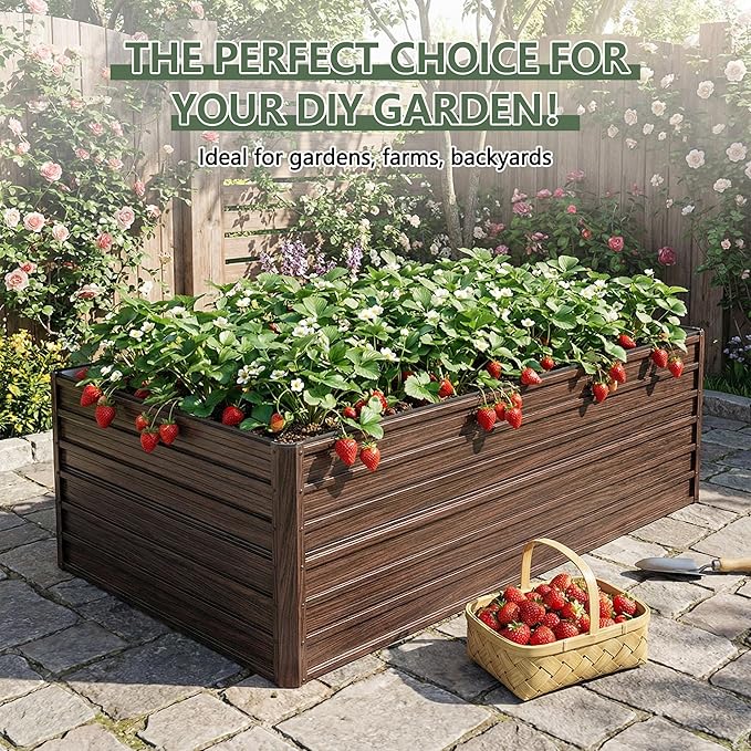 Galvanized Raised Garden Beds, 8x4x2FT Outdoor Planter Boxes with Safety Edging and Gloves, Rustic Country Style Metal Garden Bed Kit for Vegetables Flower and Fruits (Brown Wood Grain