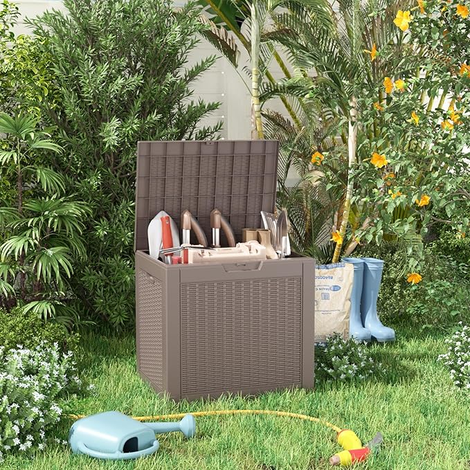31 Gallon Wicker Pattern Resin Deck Box, Lockable Patio Outdoor Storage Box for Furniture, Garden Tools and Tools Storage, Waterproof Outside Storage Box (Grey)