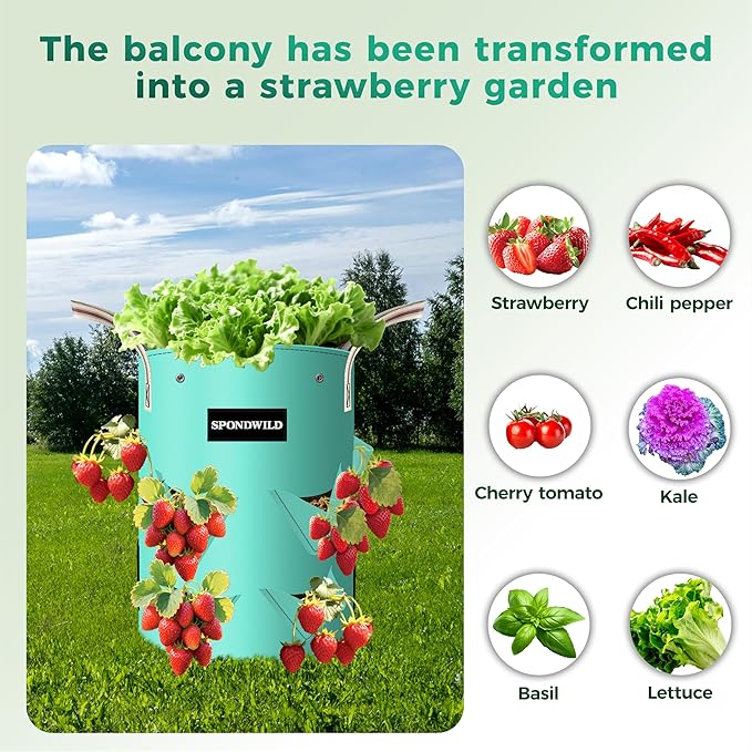3 Pack 15 Gallon Strawberry Grow Bags, Heavy Duty Reusable PE Pots with Breathable Window, Branch & Drainage Holes, Reinforced Handles for Strawberries, Veggies, Flowers, Balcony/Patio Use