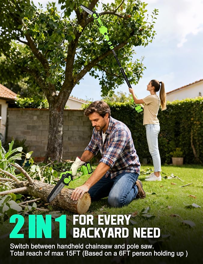 8“ Electric Pole Saws for Tree Trimming, 2-in-1 Pole Saw Cordless & Mini Chainsaw with Extension Pole, 15FT Max Reach Pole Saw Battery Powered, Tree Trimmer Limb Branch Cutter Pruner, 2×3.0Ah Battery