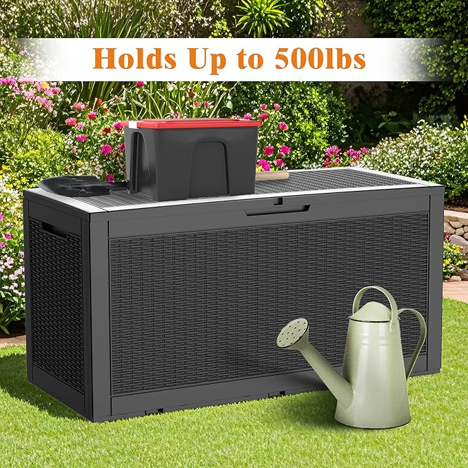 110 Gallon Outdoor Storage Box, Waterproof Large Deck Box for Backyard Garden Tools with Hydraulic Hinges, UV-Resistant Lockable Patio Storage Box for Cushions, Package Delivery Box