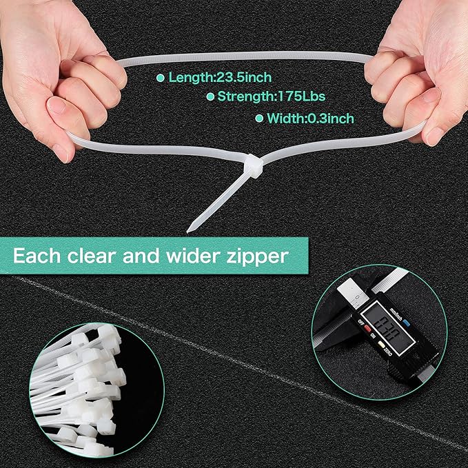 Shappy 50 Pcs Zip Ties Heavy Duty Strong Large Cable Wire Ties Zip Industrial Sturdy Wire, Awnings Tying Branches Bundling of Crops Fixed Water Pipes(24 Inch,White)