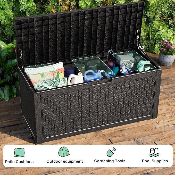 121 Gallon Resin Deck Box, Lockable Outdoor Storage Box for Patio Cushions Storage Furniture,Garden Tools, Pool Supplies, Weatherproof and UV Resistant (Black)