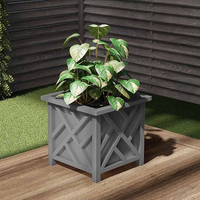 Lattice Design Planter Box - 14.75-Inch-Square Decorative Outdoor Flower or Plant Pot - Front Porch, Patio, and Garden Decor by Pure Garden (Gray)