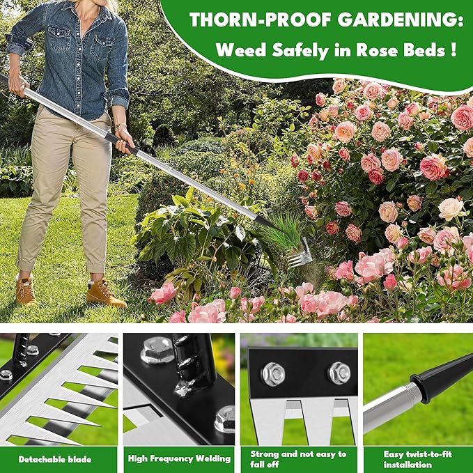 Iron Weeding Rake with Long Handle 2.0, Upgraded 8 Teeths Garden Weed Puller Tool Heavy Duty Gardening Tool for Lawn, Flower Beds & Soil Aeration