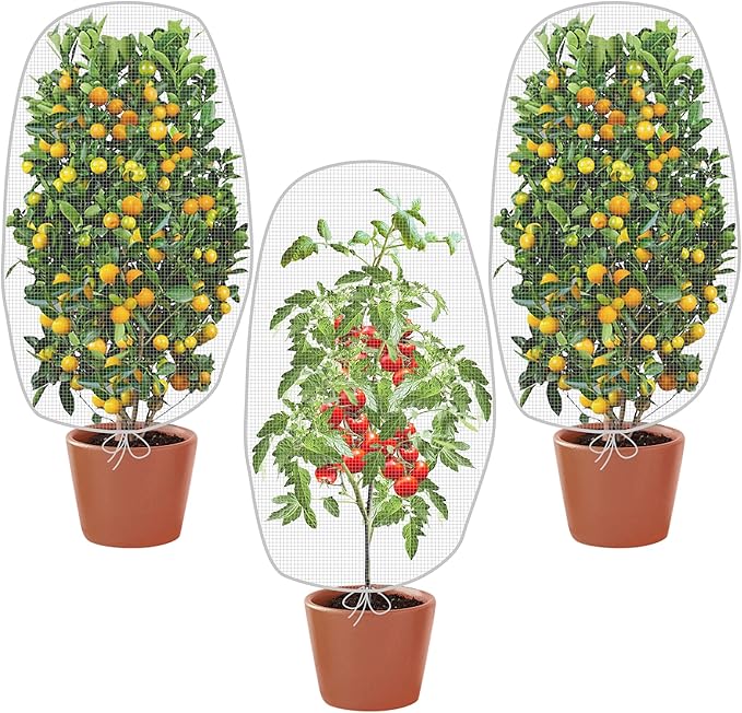 Alpurple 3 PCS Insect Bird Barrier Netting Mesh with Drawstring- 3.2 x 2.6 Feet Fruit Tree Net-Garden Netting Plant Cover for Protect Plant Fruits Flower from Insect Bird Eating