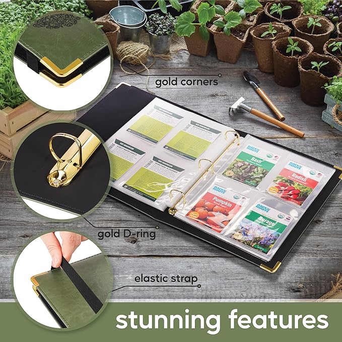 Willow and Wildflower Garden Seed Organizer Binder, Seed Storage Organizer, Garden Binder Book for Packet Storage Catalog Can Store 120 Packets with Dibber and Widger (Moss Green)