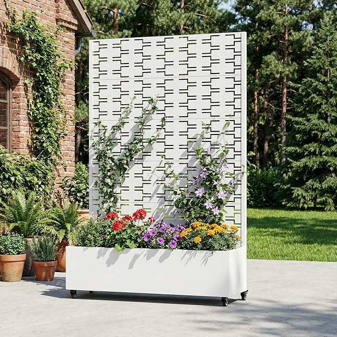 Casaphoria Metal Raised Garden Bed with Trellis and Wheels, 72"x47"x16" Arched Planter Box for Climbing Plants, Vegetables & Vines, Features Drainage Holes and Privacy Screen, White-Brick