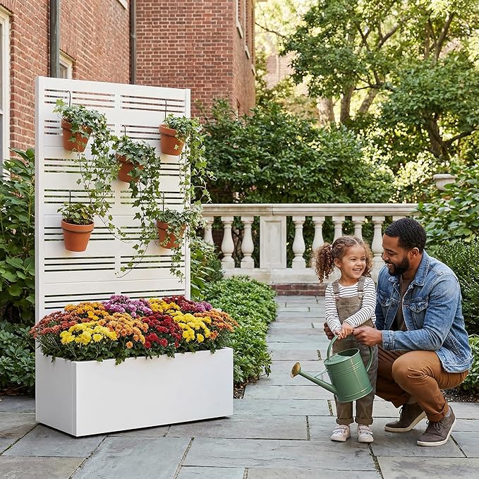 Casaphoria Metal Raised Garden Bed with Trellis, 59"x30"x12" Planter Box for Climbing Plants, Vegetables & Vines, Features Drainage Holes and Privacy Screen, White-Harold