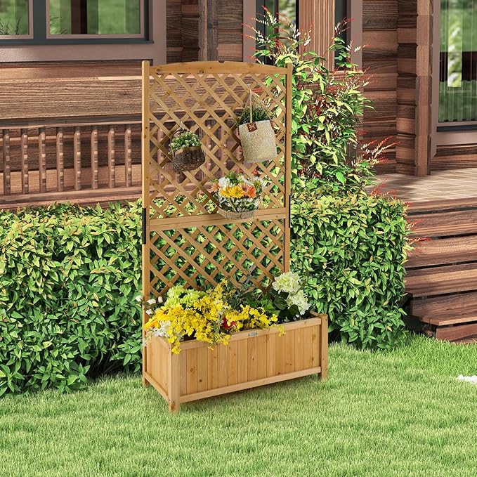 Giantex 2 Pcs Planter Raised Bed with Trellis, 71" Wooden Garden Bed, High Trellis for Plant Flower Climbing Pot Hanging, Indoor & Outdoor Planter Box for Yard, Garden, Balcony