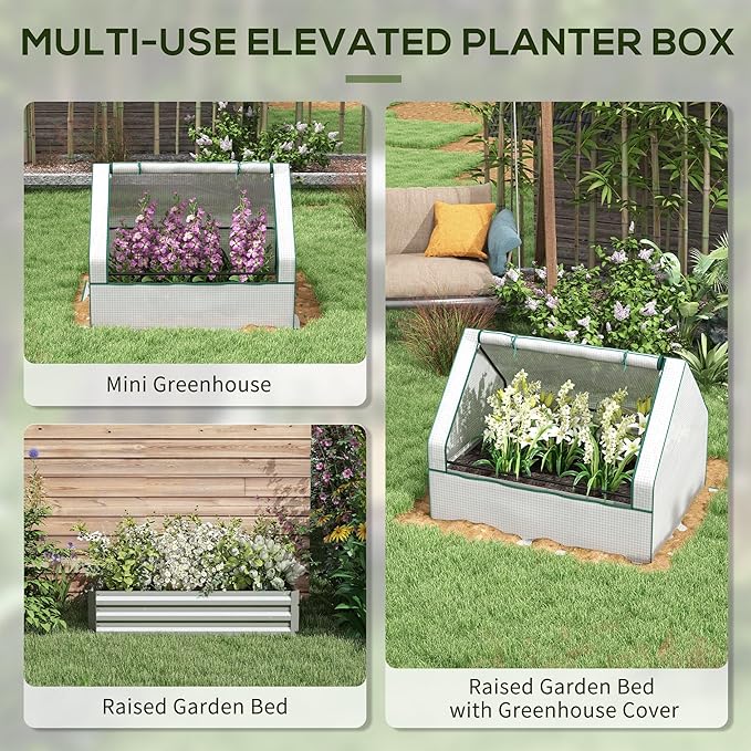Outsunny 4 x 3 x 1ft Raised Garden Bed with Mini Greenhouse, Galvanized Outdoor Planter Box with Cover, for Herbs and Vegetables, Use for Patio, Garden, Balcony, White Cover and Silver Planter