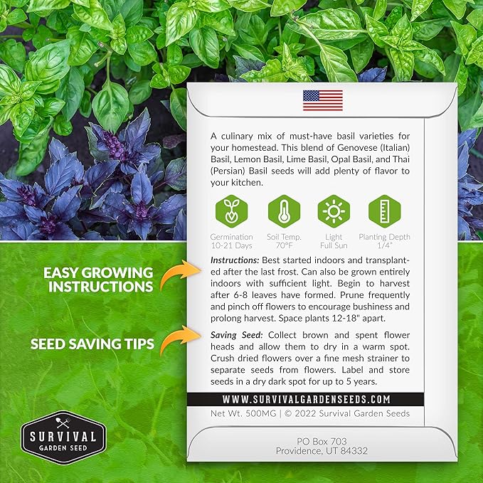 Survival Garden Seeds Culinary Basil Seed Mix -3 Seed Packs with Instructions to Plant & Grow Genovese, Lemon, Lime, Opal & Thai Basil in Your Home Vegetable Garden - Non-GMO Heirloom Varieties