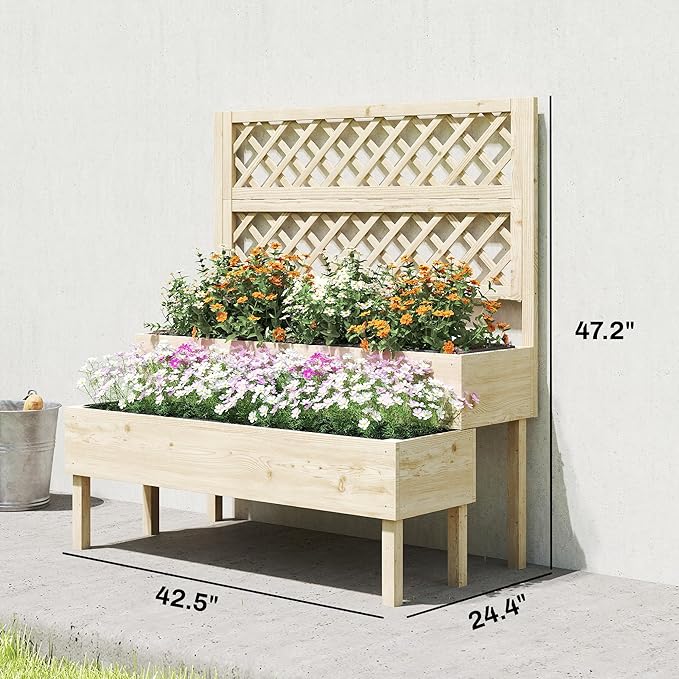 Outsunny 2-Tier Raised Garden Bed with Trellis, Wooden Elevated Planter Box with Drainage Gaps, Liners, Trellis Planter for Climbing Plants, Flowers, Herbs, 42.5" x 24.4" x 47.2", Natural