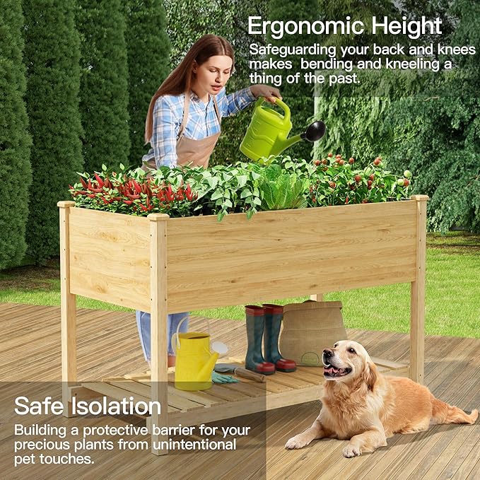 Kullavik 4 pcs Raised Garden Bed with Legs,Outdoor Elevated Cedar Wood Planter Box with Storage Shelf for Vegetables/Flowers/Herbs in Balcony/Backyard/Patio,220lb Capacity-Natural