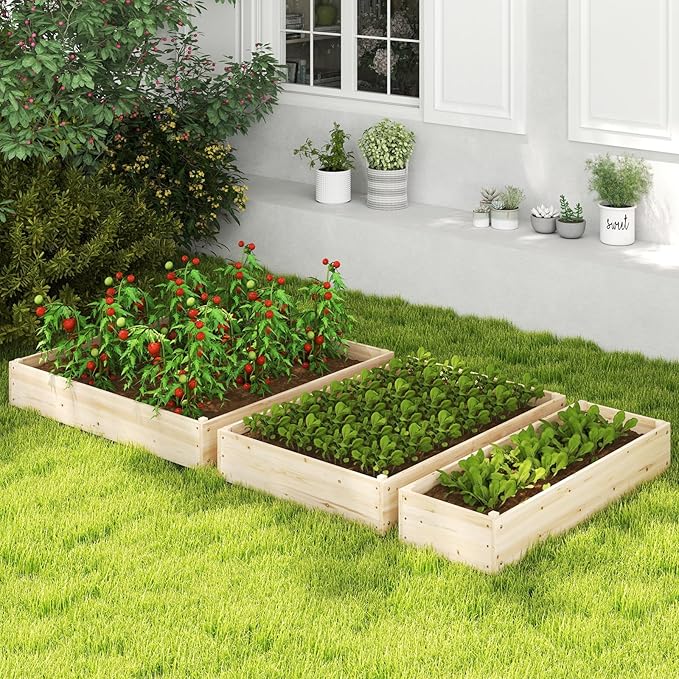 HAPPYGRILL 3-Tier Raised Garden Bed, Wooden Planter with Trellis & Open-Ended Base for Patio Yard Lawn, Outdoor Planter Boxes for Climbing Plants Vines Flower Herb Vegetable Fruit, 44” x 45” x 56”