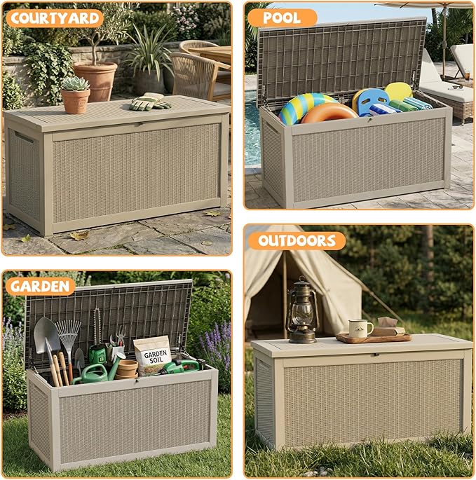 320 Gallon Outdoor Storage Deck Box Waterproof Resin Lockable Outside Bench Porch Patio Furniture Pool Float Garden Tool Cushion UV Resistant Bin Beige