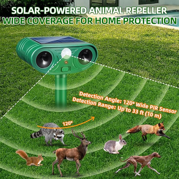 2026 Solar Animal Repellent Outdoor&Cat Repellent Outdoor with Motion Deer Repellent Devices Ultrasonic Cat Deterrent Fox Raccoon Squirrel Rabbit Coyote Deterrent for Farm Orchard Garden 2 PCS
