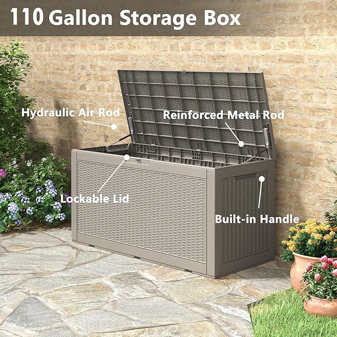 Oudoor Storage Deck Boxes Waterproof, Waterproof and UV Resistant Outdoor Storage Box Lockable Lid for Delivery Box, Indoor, Garden Tools, Pool Supplies, Patio (Grey, 110 Gallon)