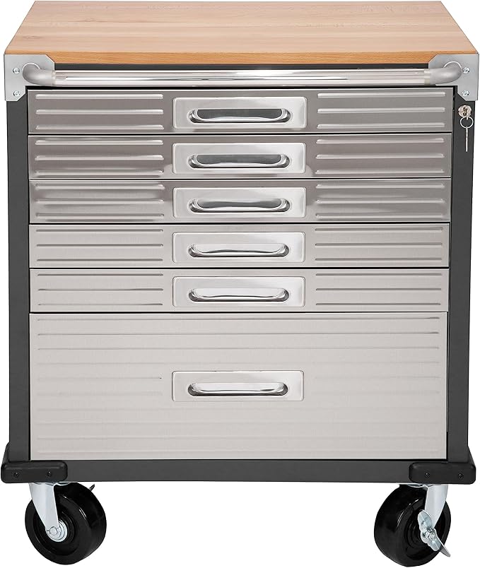 Seville Classics UltraHD Heavy Duty Rolling Cabinet Workbench Table w/Solid Wood Top, Workstation for Garage, Office, Workshop, Graphite, 6-Drawer (28" W x 18" D