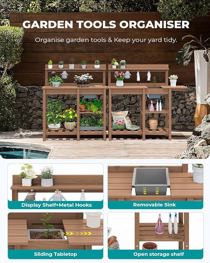 SERWALL Outdoor Potting Bench 2-Piece Set, Rot-Resistant HDPE Potting Table with Removable Sink for Outside Gardening, All-Weather Use - Brown