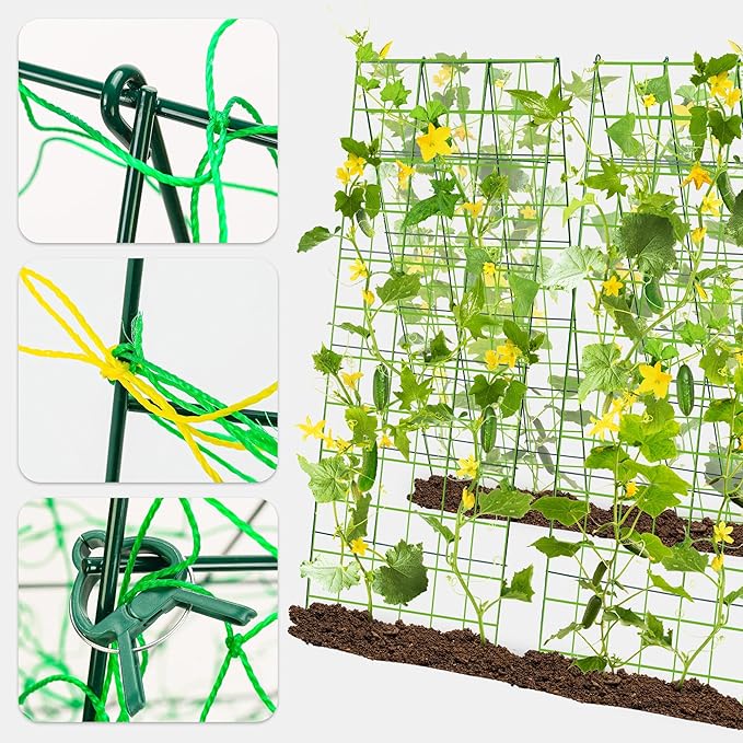 Pack 2 Heavy Metal Garden Trellis for Climbing Plants with Trellis Netting & Garden Clips, A-Frame Cucumber Trellis for Raised Bed