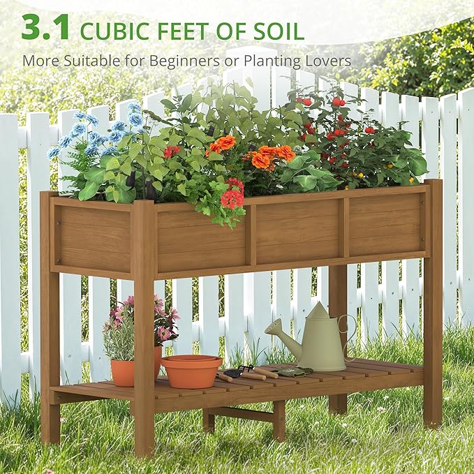 LUE BONA Raised Planter Box with Legs, 45 * 18 * 29 in, Raised Garden Bed with Tools and Storage Shelf, Weather Resistant, 3-Year Warranty, Standing Growing Bed Herb Planter for Vegetable, Brown
