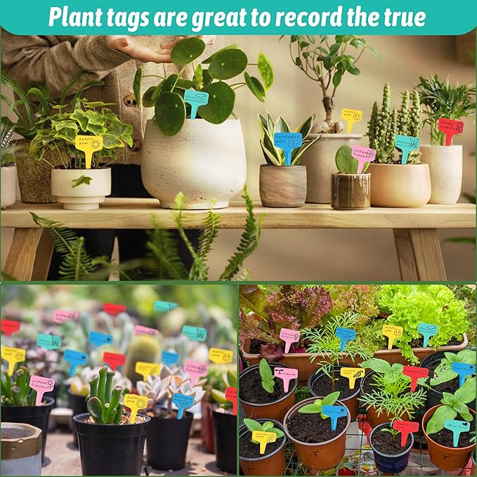 Plant Labels Tags 200Pcs T-Type Plant Markers Plastic Plant Label Tags Garden Labels Tags Plant Labels for Outdoor Garden Waterproof Plant Label Identification Stakes with Permanent Marking Pen (Pink)
