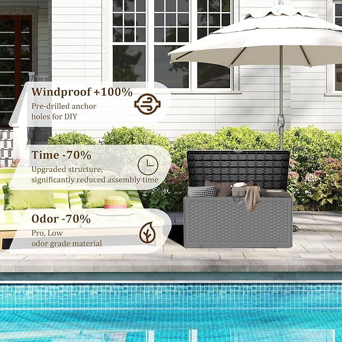 80 Gallon Resin Deck Box, Waterproof Outdoor Storage Bin for Patio, Poolside, and Garden, Lockable & UV-Resistant, Black