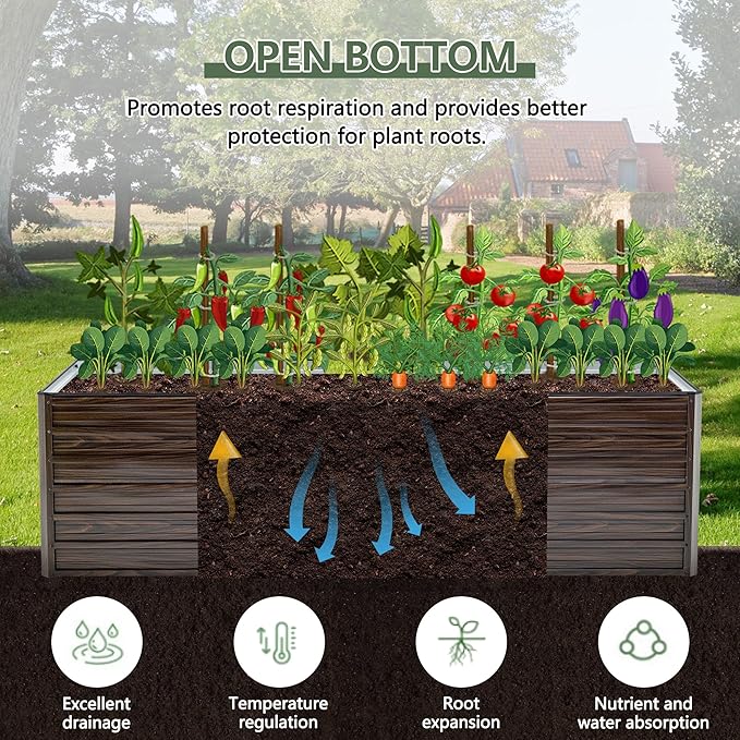 Galvanized Raised Garden Beds, 8x4x2FT Outdoor Planter Boxes with Safety Edging and Gloves, Rustic Country Style Metal Garden Bed Kit for Vegetables Flower and Fruits (Brown Wood Grain