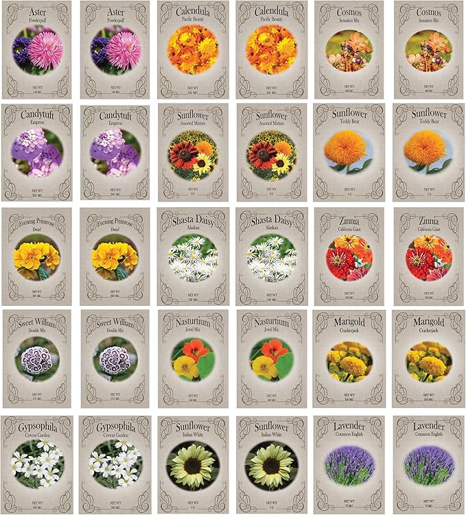 Deluxe Flower Garden Seed Variety Pack – 30 Seed Packets | Sunflower, Zinnia, Lavender, Cosmos & Cut Flower Mix | Easy Grow Pollinator & Bouquet Garden Seeds