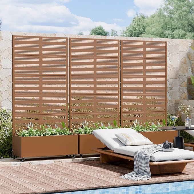 Casaphoria Metal Raised Garden Bed with Trellis and Wheels, 72"x35"x16" Planter Box for Climbing Plants, Vegetables & Vines, Features Drainage Holes and Privacy Screen, Brown-Harold