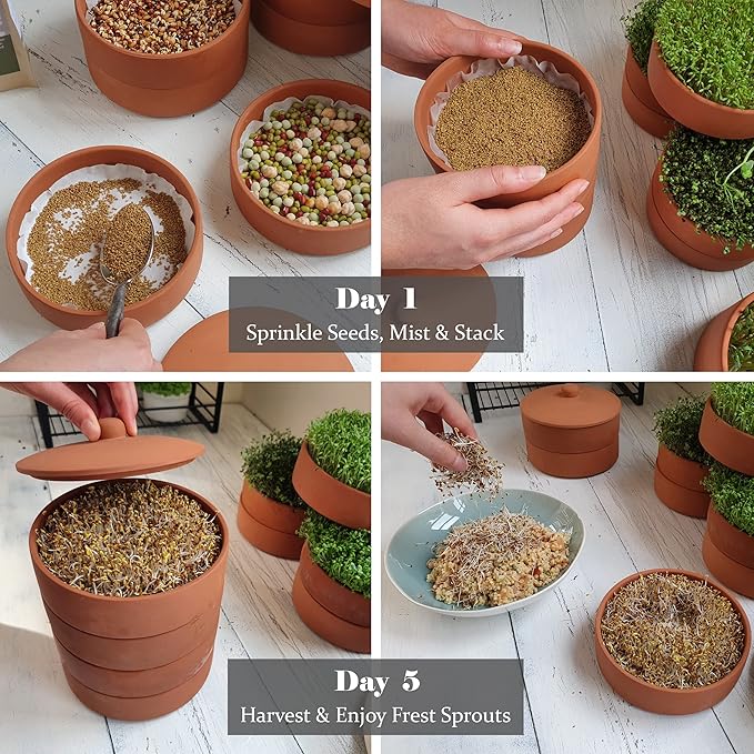 Clay Sprouter Kit | Terracotta Tower with 3 Shallow Germinating Trays, Paper Discs & Free E-Book | 2 in 1 Sprouting Trays Ideal for Germinating Sprouts and Microgreens