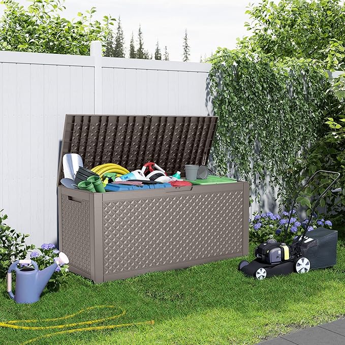 121 Gallon Resin Deck Box, Lockable Outdoor Storage Box for Patio Cushions Storage Furniture,Garden Tools, Pool Supplies, Weatherproof and UV Resistant (Grey)