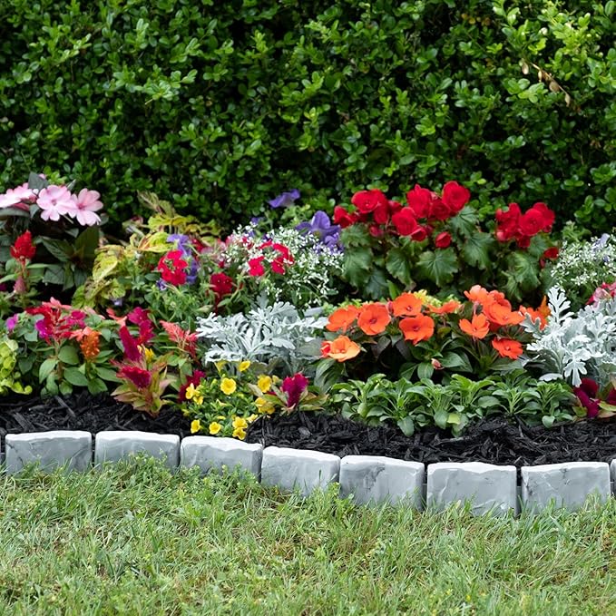 EasyFlex No-Dig Landscape Edging with Anchoring Spikes, 2.7 in. Tall Decorative Stone-Look Garden Border, 60 Foot Kit, Slate Gray