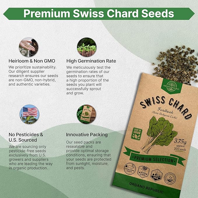 Organo Republic Swiss Chard Fordhook Seeds Pack 3.75 g - Over 200 Non-GMO Heirloom Swiss Chard Seeds for Planting Greens in Individual Seed Packet, Greens Seeds for Planting Indoor & Outdoor Garden