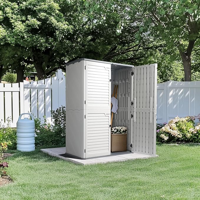 VINGLI Outdoor Storage Shed, Resin Storage Cabinet with Lockable Design, Weatherproof Tool Shed with HDPE Material, Resin Deck Box for Garden Tools, Pool Equipment, Garbage Cans, White (59 Cu.ft)