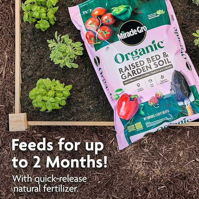 Miracle-Gro 2 Pack Organic Raised Bed and Garden Soil with Quick Release Natural Fertilizer, Feeds Plants, Up to 2 Months, Grows More Veggies, 1 Cu Ft