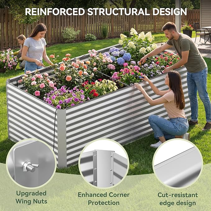 Lineware 8x4x3 ft Tall Galvanized Raised Garden Bed with Self-Watering System, Elevated Planter Boxes Outdoor, Rectangular Deep Raised Beds for Gardening,Vegetables,Flowers, Backyard, Patio