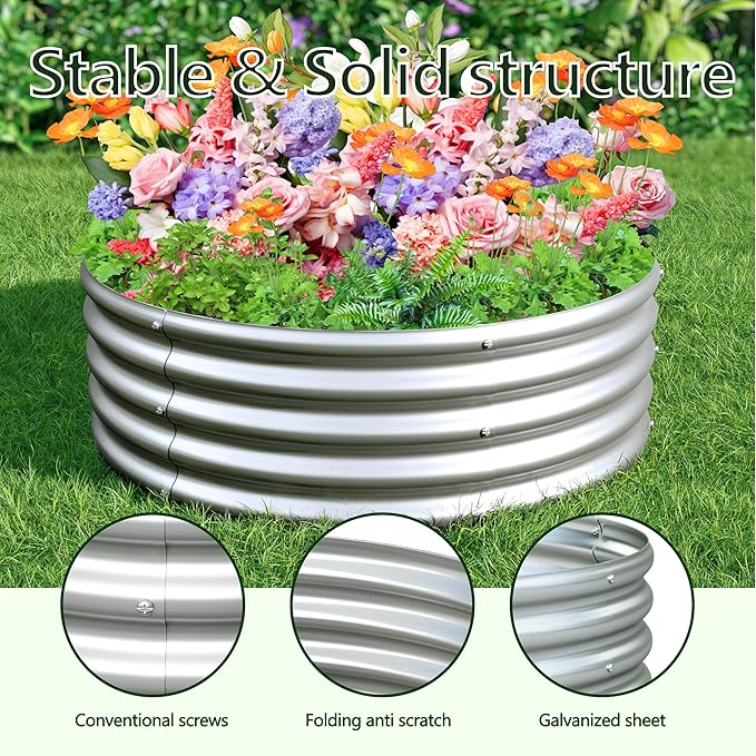 2PCS 3x3x1ft Galvanized Raised Garden Bed Kit-Round Garden Bed Outdoor Planter Box for Vegetables,Flowers,Herbs,Easy Assembly,Silver