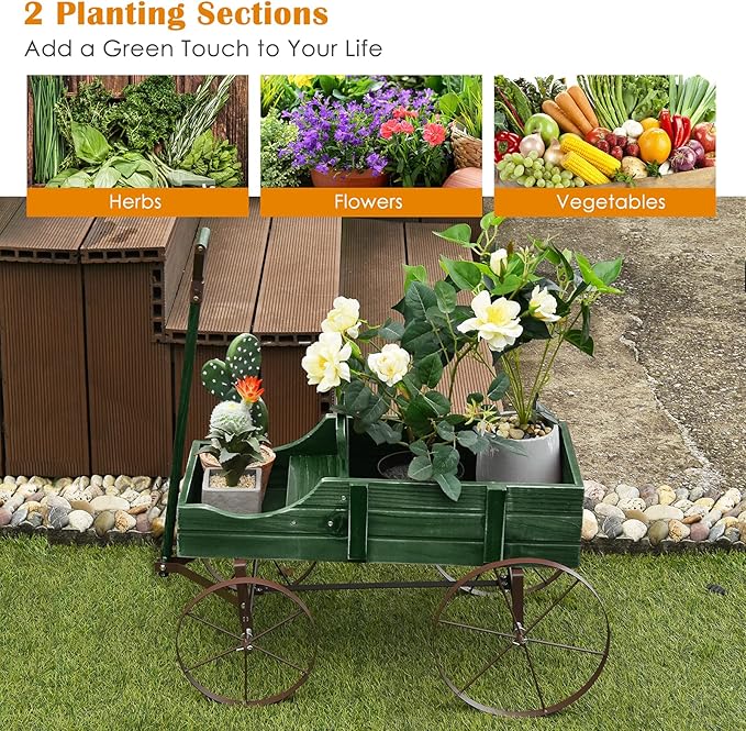 Goplus Wagon Planter, Decorative Wooden Garden Planter with Wheels, 2 Planting Sections and Adjustable Handle, Indoor Outdoor Backyard Balcony Decor (Green)