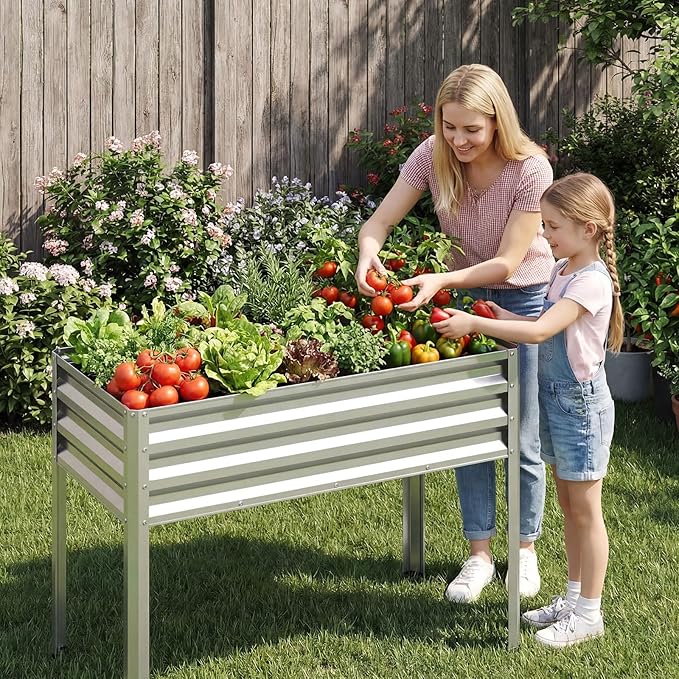 Giantex Raised Garden Bed with Legs, 44" x 22" x 32" Metal Large Elevated Planter Box for Vegetable Flower Fruit Herb, Heavy Duty Outdoor Gardening Planter for Backyard Patio Balcony, Silver