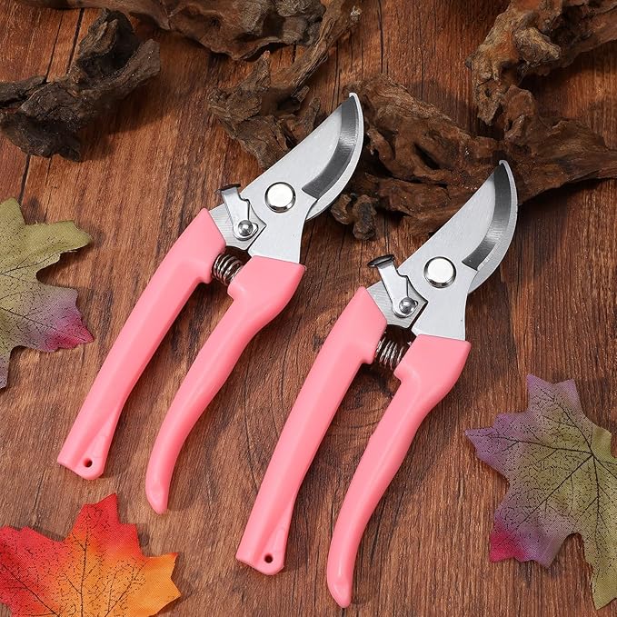 2 Pieces Garden Pruning Shears - Curved Pink Handle Scissors for Flower Cutting, Plant Trimming, Bonsai Care, and Fruit Picking - Heavy Duty 6.8-inch Gardening Tools