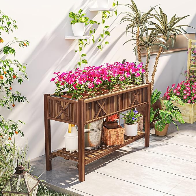 Outsunny Raised Garden Bed, Elevated Wood Planter Box with Storage Shelf, Drainage Holes, and Liner for Backyard, Patio, Balcony, 47 x 22 x 31.5 in, Carbonized