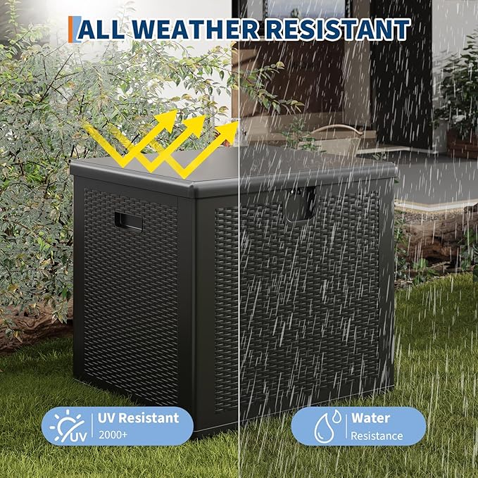Garvee 80 gal Outdoor Storage Box, Large Waterproof Resin Deck Box Indoor Outdoor Use, Lockable UV Resistant Storage Bin for Patio, Garden, Cushions, Tools, Equipment, Black
