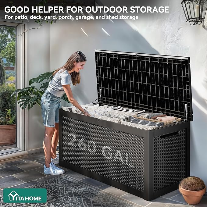 YITAHOME 260 Gallon Outdoor Storage Box, Large Water Resistant Resin Deck Box, Indoor Outdoor Lockable Storage Container for Patio, Garden, Cushions, Tools, Equipment(Black)