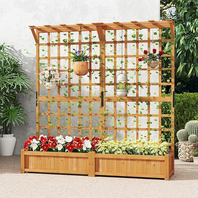 HAPPYGRILL 71" Raised Garden Bed with Trellis, Wood Planter Container w/2 Hanging Roof & Garden Boxes, 4 Drainage Holes, Outdoor Planter Box w/Removable Bottom Plate for Climbing Plants Flowers Vine